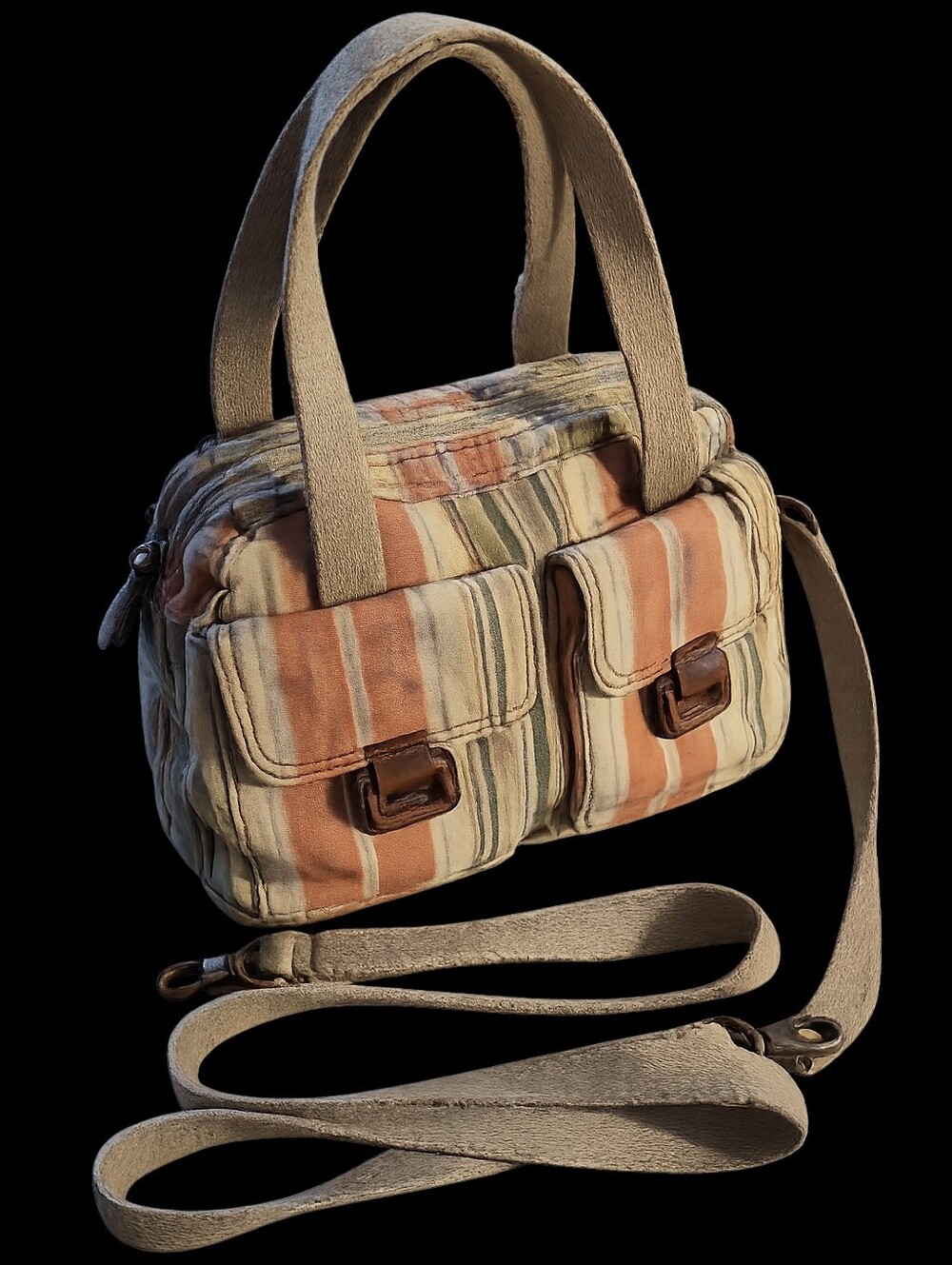 Fossil Genuine Striped Canvas Crossbody Handbag in Neutral Peach and Green